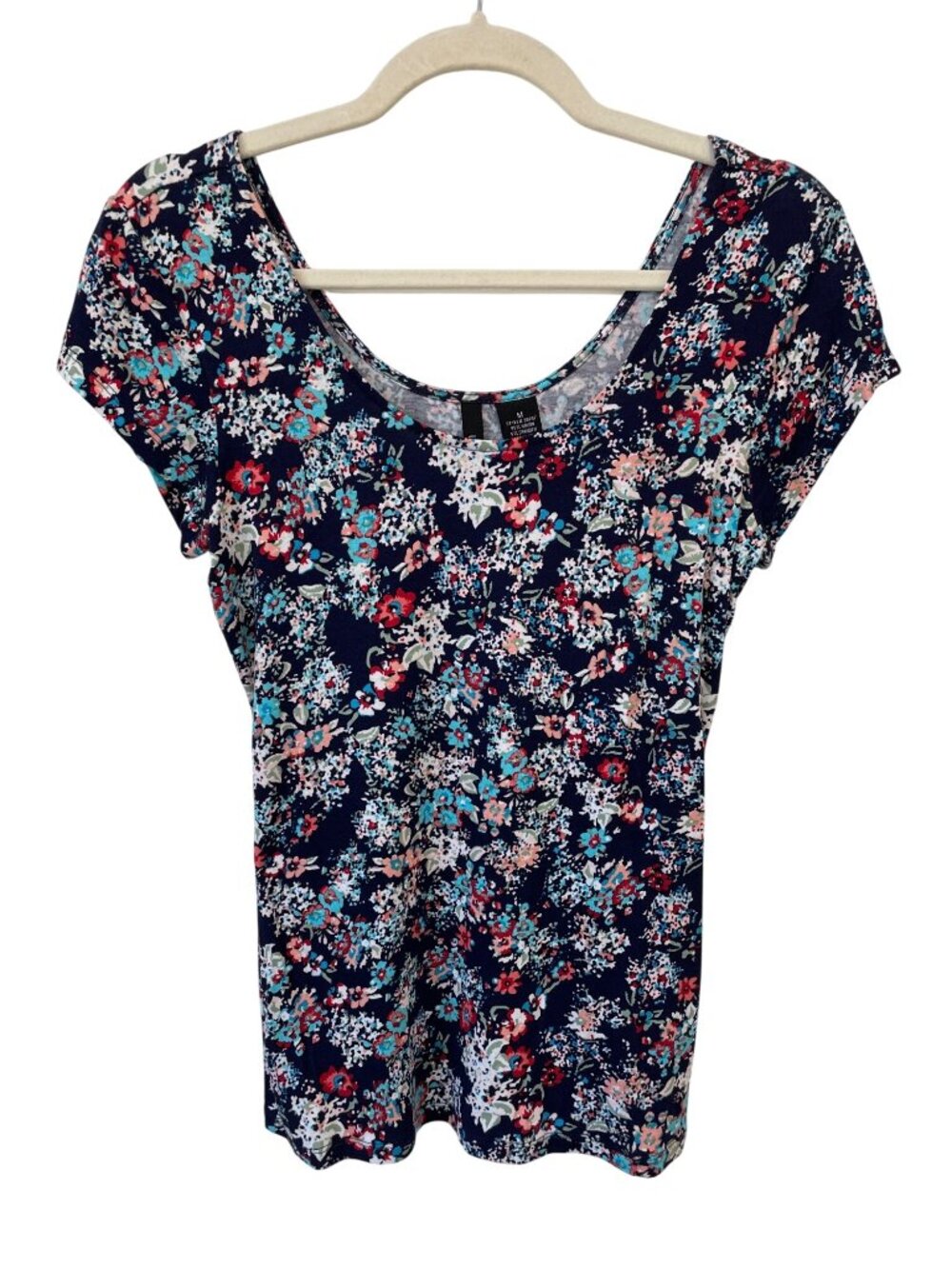 Ultra Flirt Top Medium Floral Print Scoop Neck Short Sleeve Multicolor Boho NEW